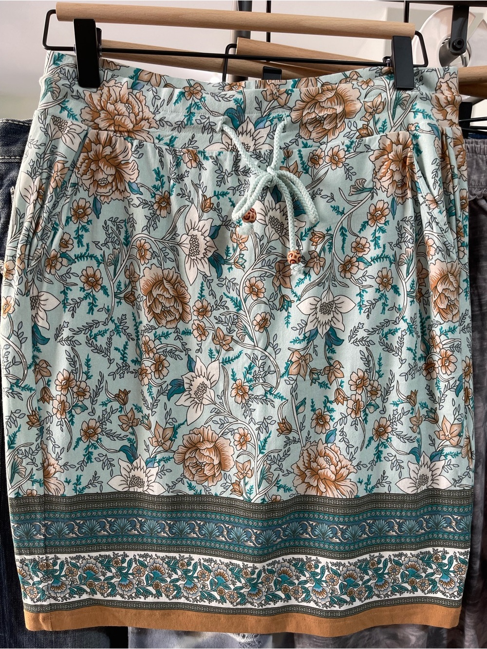 ESQUALO Mint Floral Mini Skirt with Tan and Teal Border